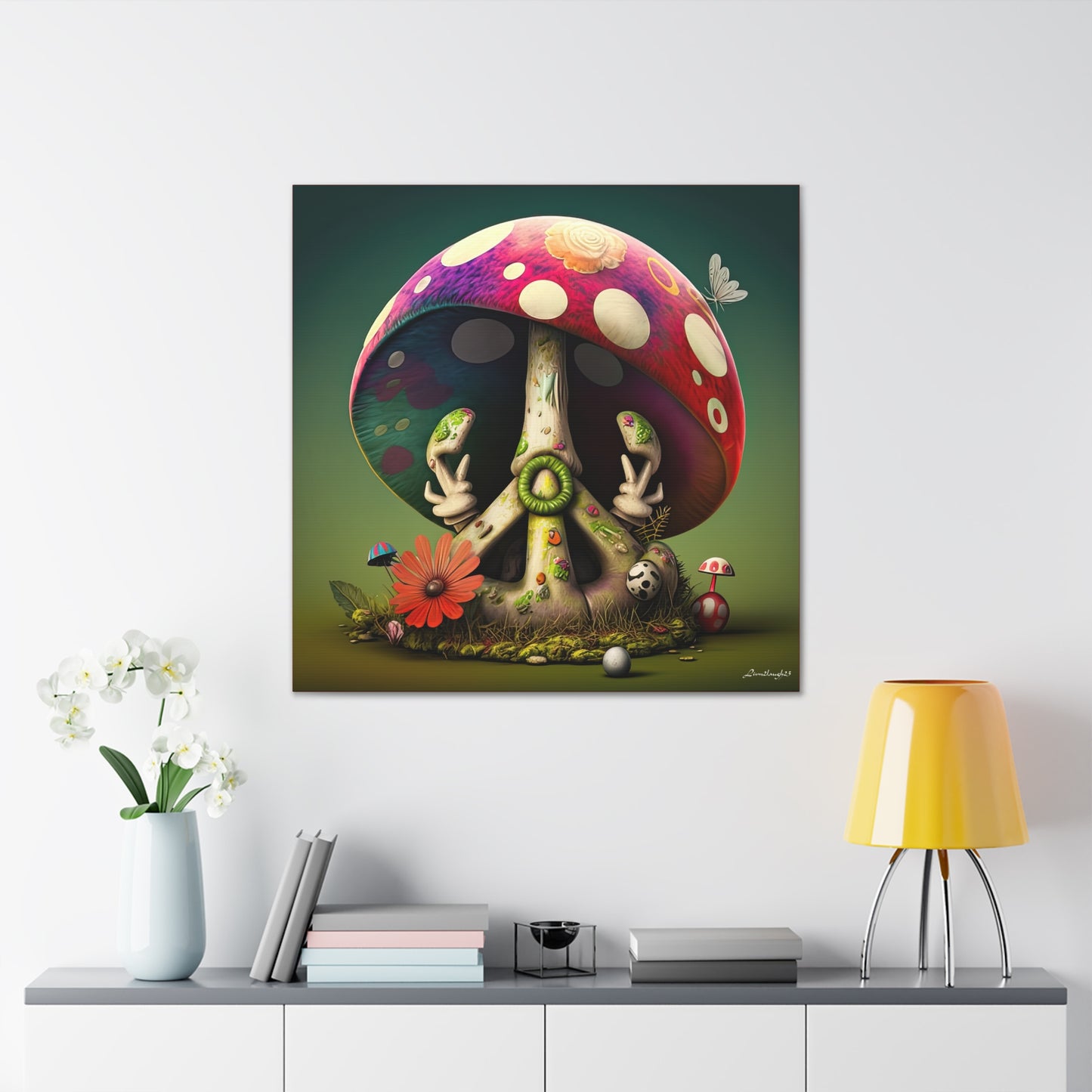 Beautiful Forest Half Peace Sign , Red And White Polka dot Mushrooms Red Flower Canvas Gallery Wraps