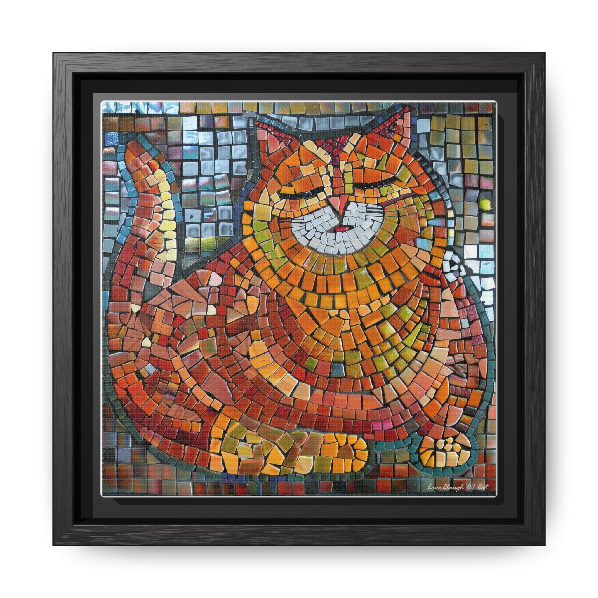 Radiant Whiskers: The Joyful Cat, Framed Mosaic Cat Art Print — Colorful Modern Wall Canvas