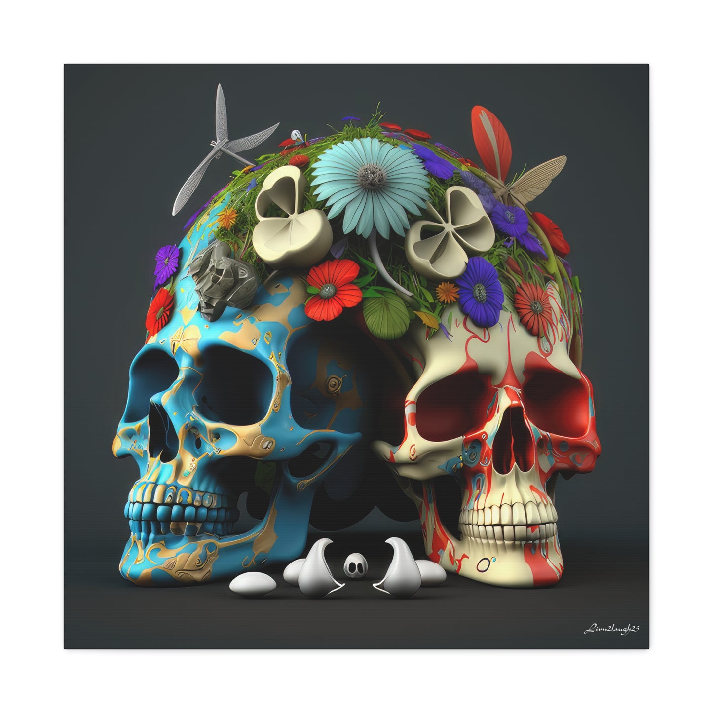 Double Skull With Blue Red  Flowers Canvas Gallery Wraps