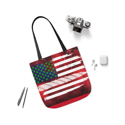 Flag Red, White And Blue Beautiful Red Background With Marijuana Pot Weed 420 Leaf Polyester Canvas Tote Bag (AOP)