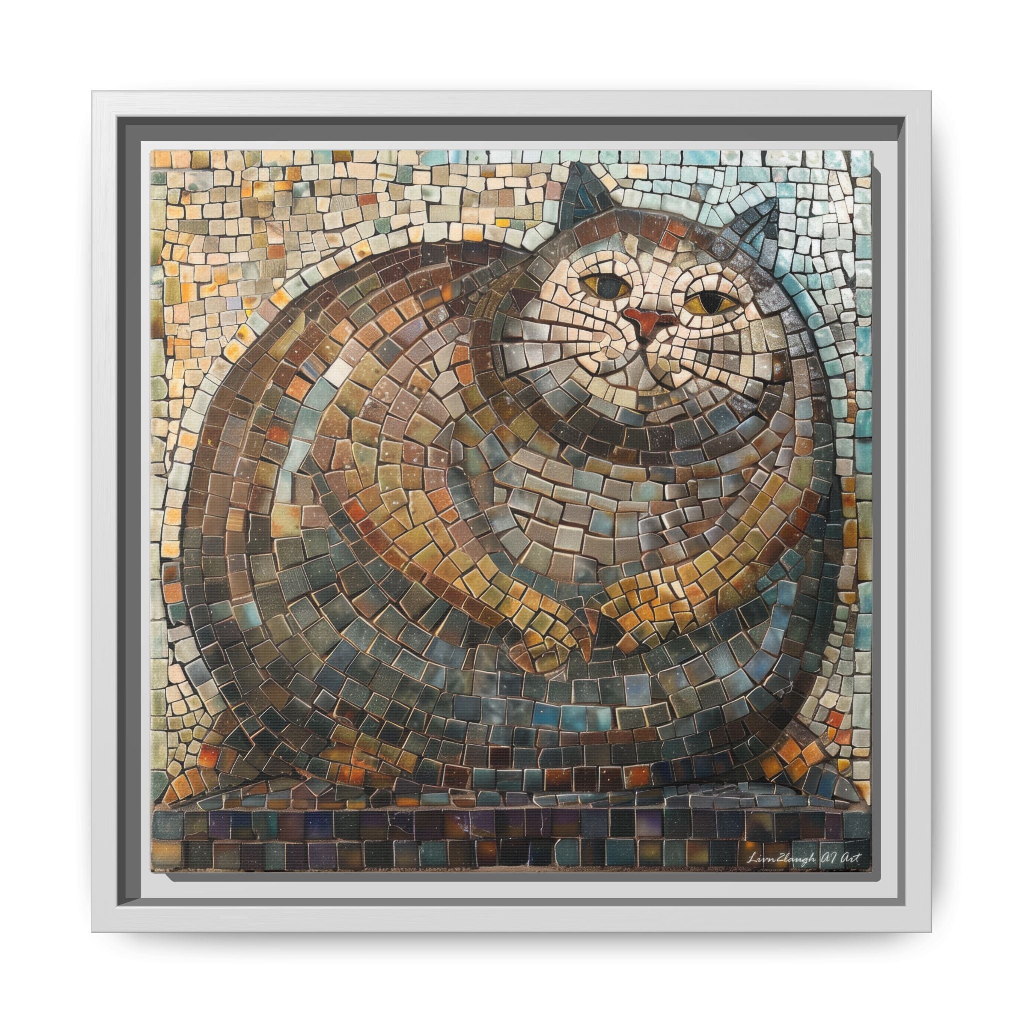 "Serene Mosaic Cat", Framed Mosaic Cat Art Print — Colorful Modern Wall Canvas