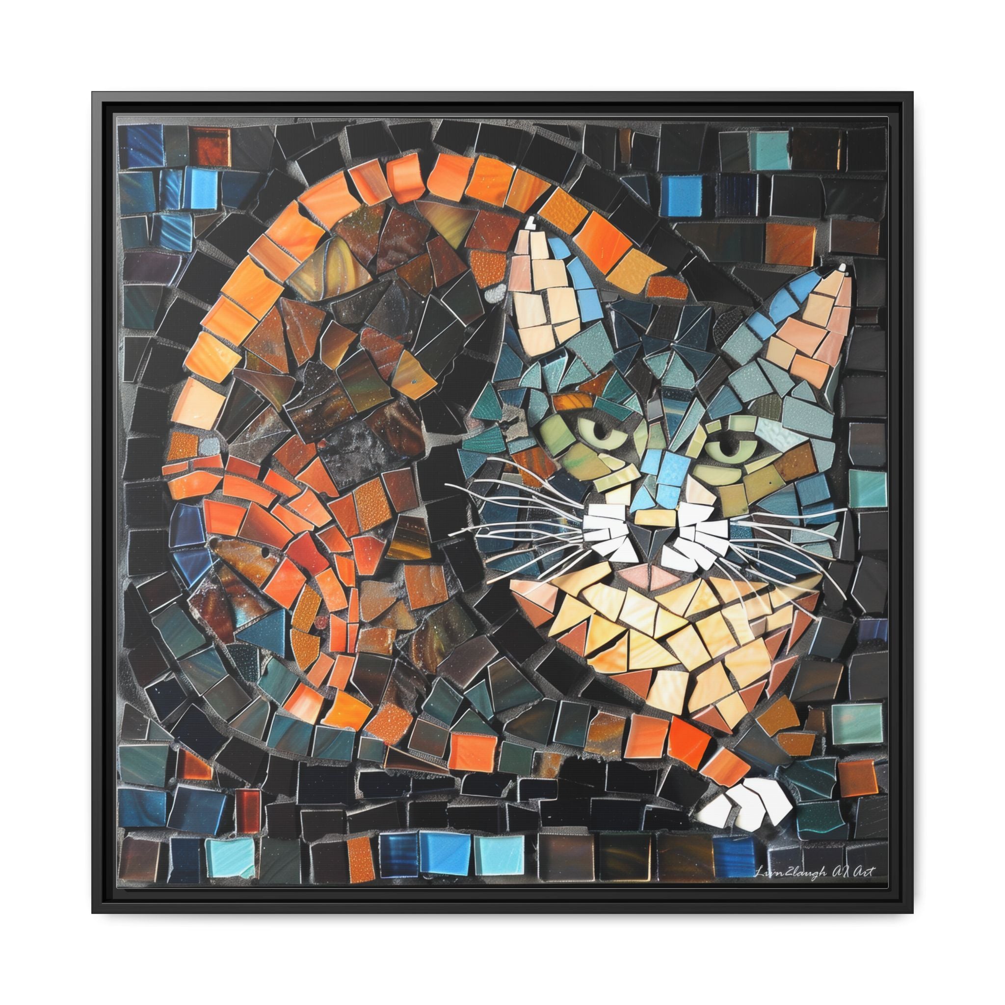 "Bold Mosaic Cat", Framed Mosaic Cat Art Print — Colorful Modern Wall Canvas