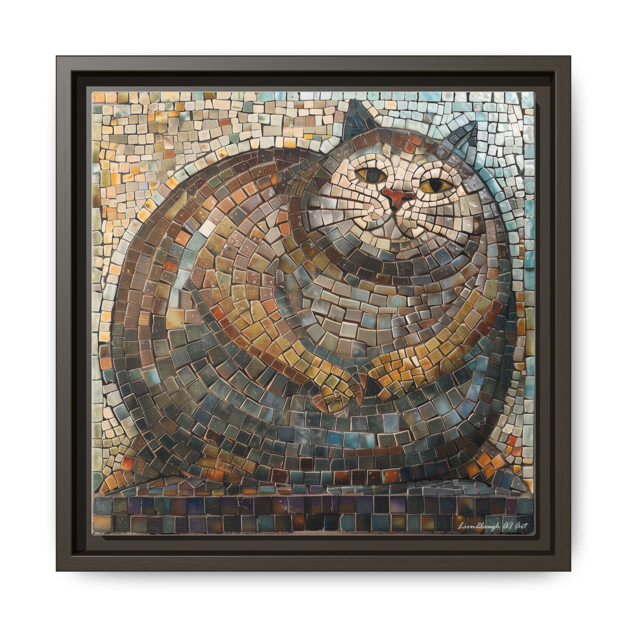 "Serene Mosaic Cat", Framed Mosaic Cat Art Print — Colorful Modern Wall Canvas