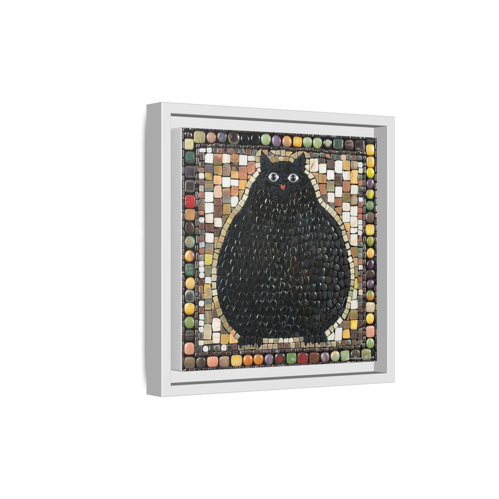 "Playful Black Cat Mosaic", Framed Mosaic Cat Art Print — Colorful Modern Wall Canvas