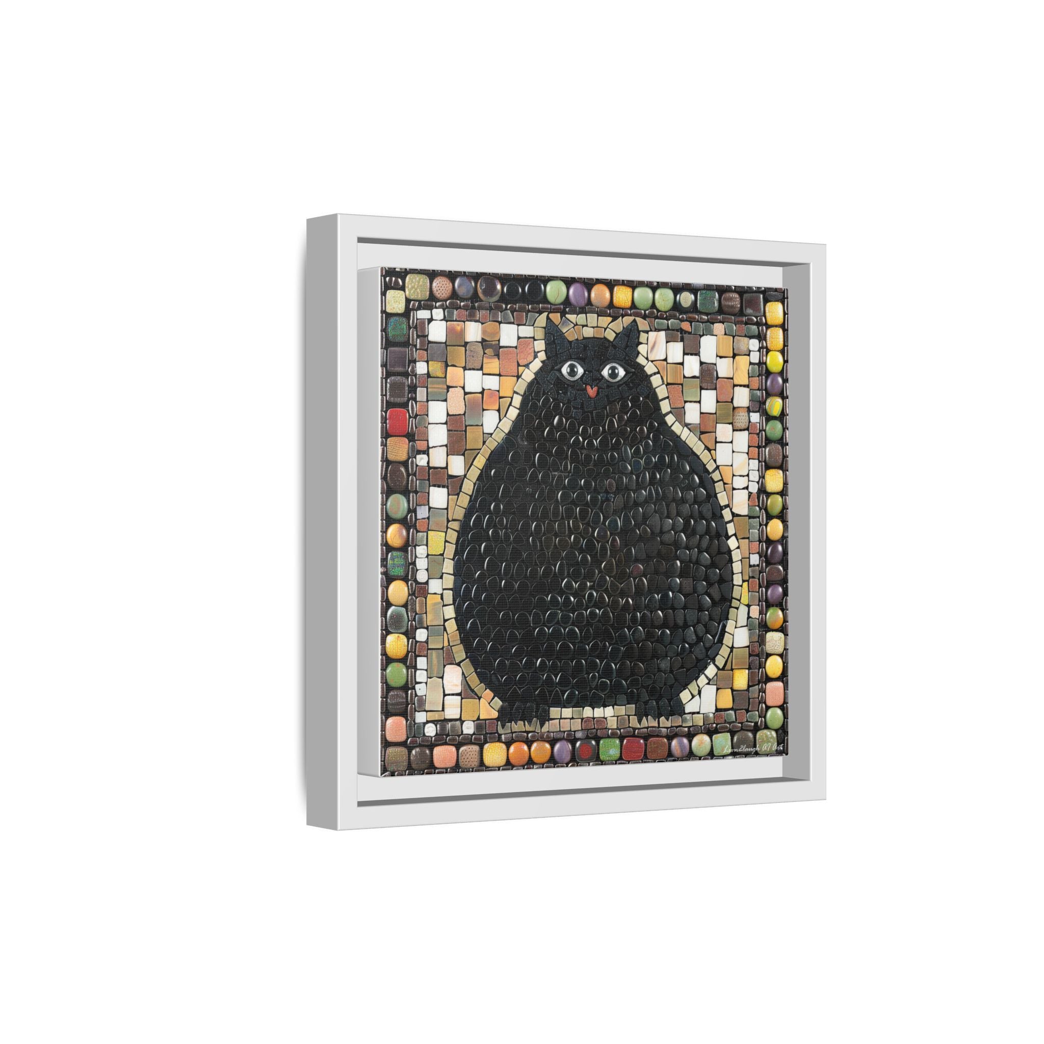 "Playful Black Cat Mosaic", Framed Mosaic Cat Art Print — Colorful Modern Wall Canvas