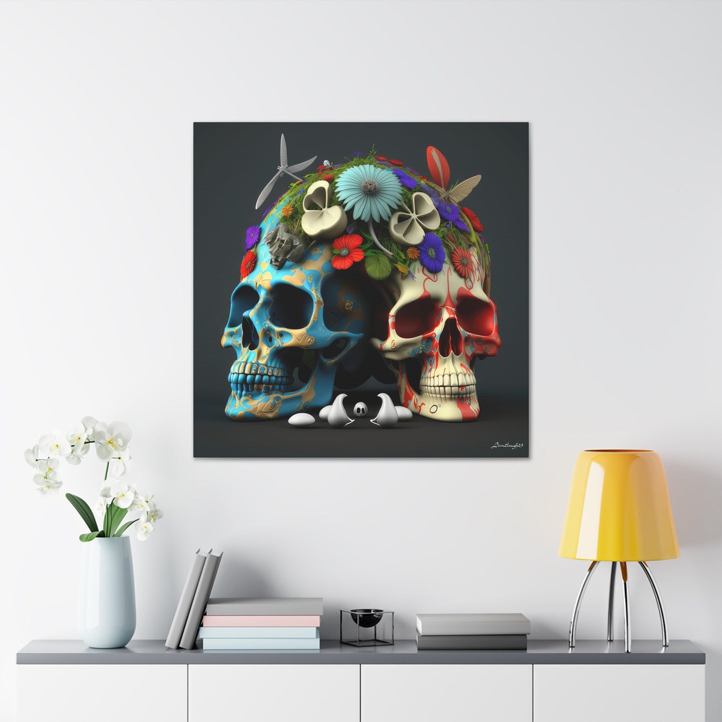 Double Skull With Blue Red  Flowers Canvas Gallery Wraps