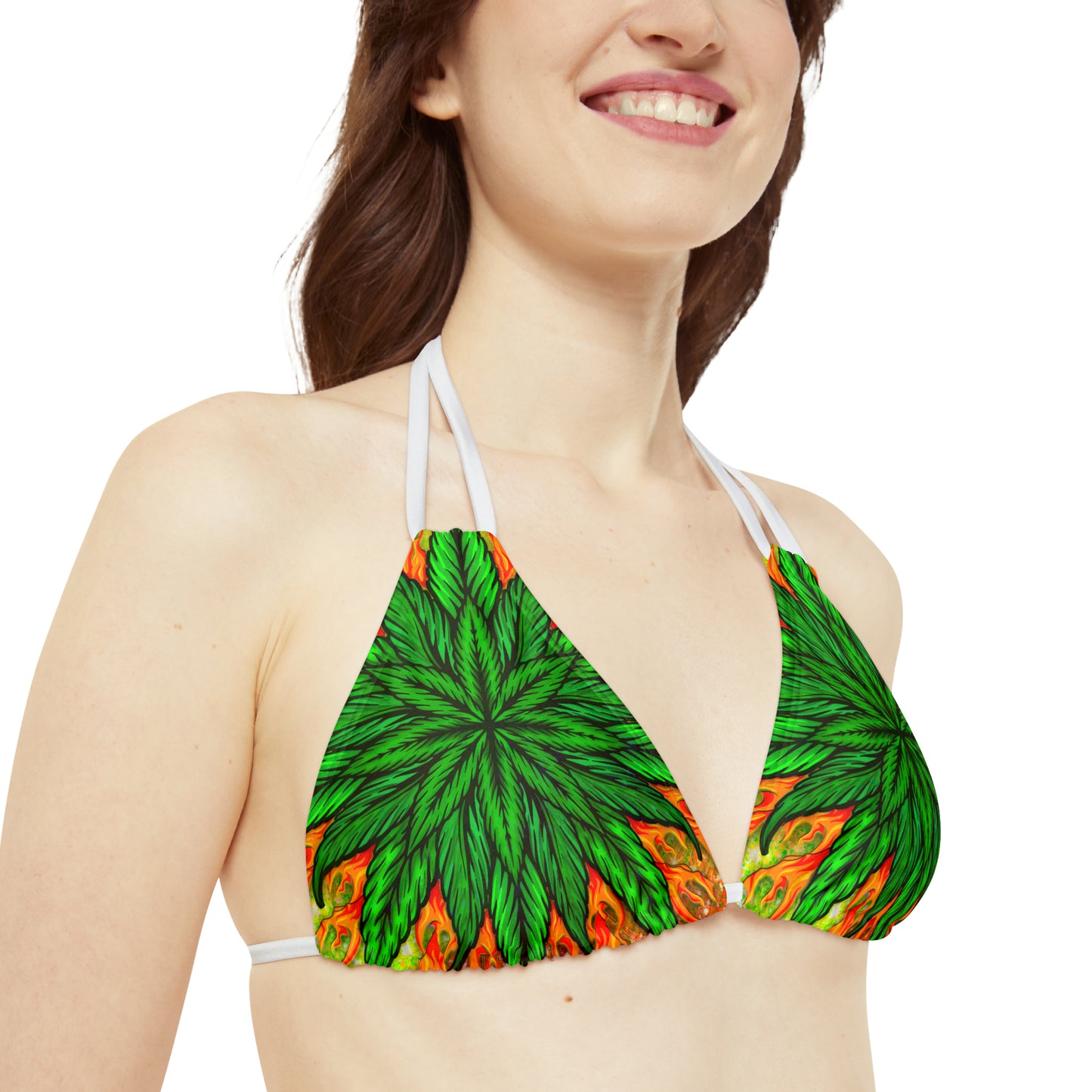 Beautifully Designed Orange, Yellow And Green Marijuana Leaf Strappy Bikini Set (AOP)