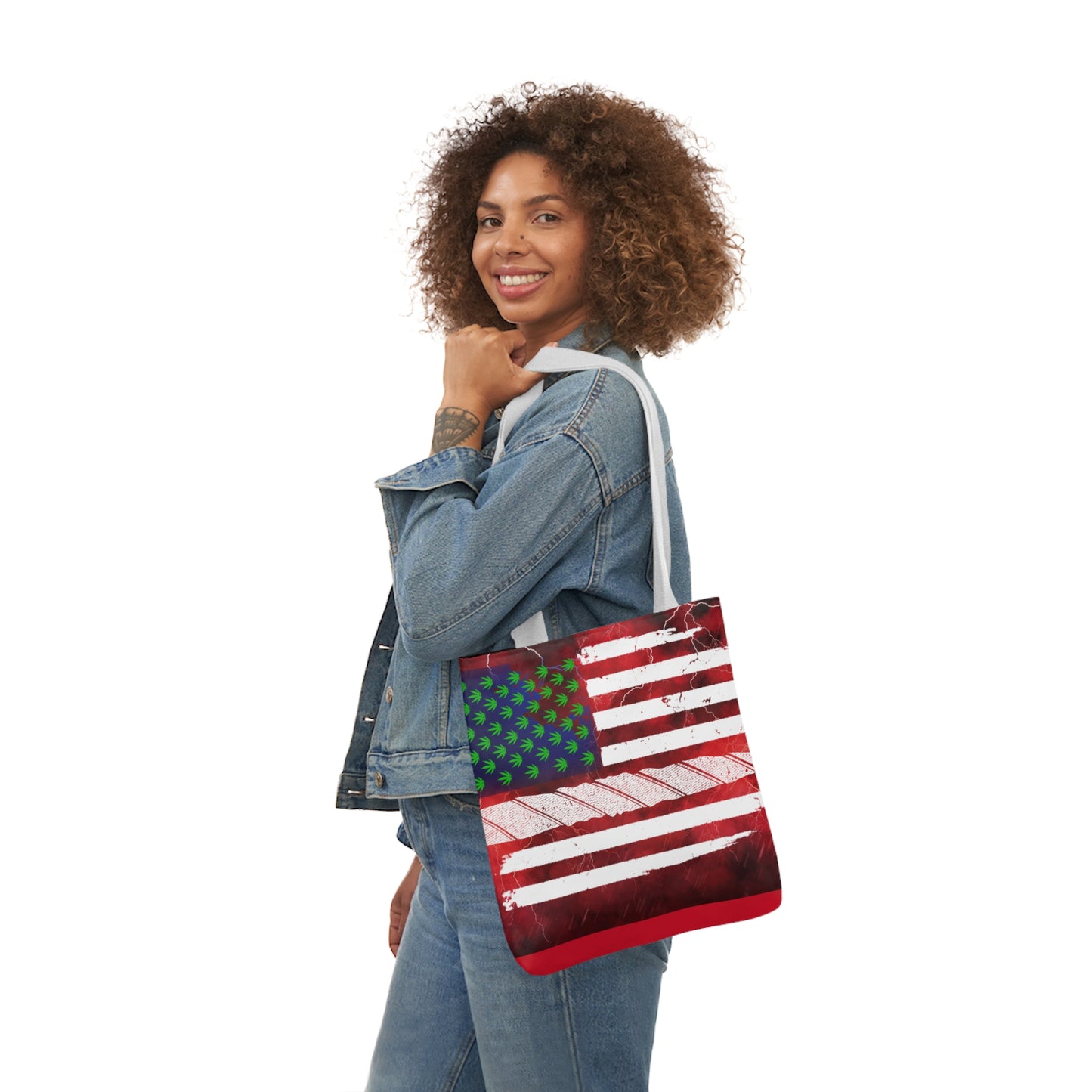 Flag Red, White And Blue Beautiful Red Background With Marijuana Pot Weed 420 Leaf Polyester Canvas Tote Bag (AOP)