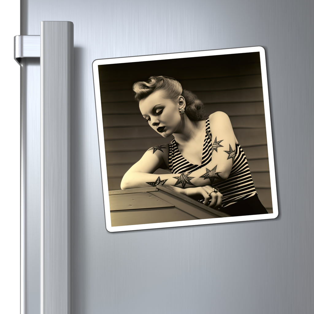 Retro Tattooed Pinup Blue, Red And White Star Magnet Style Thirteen