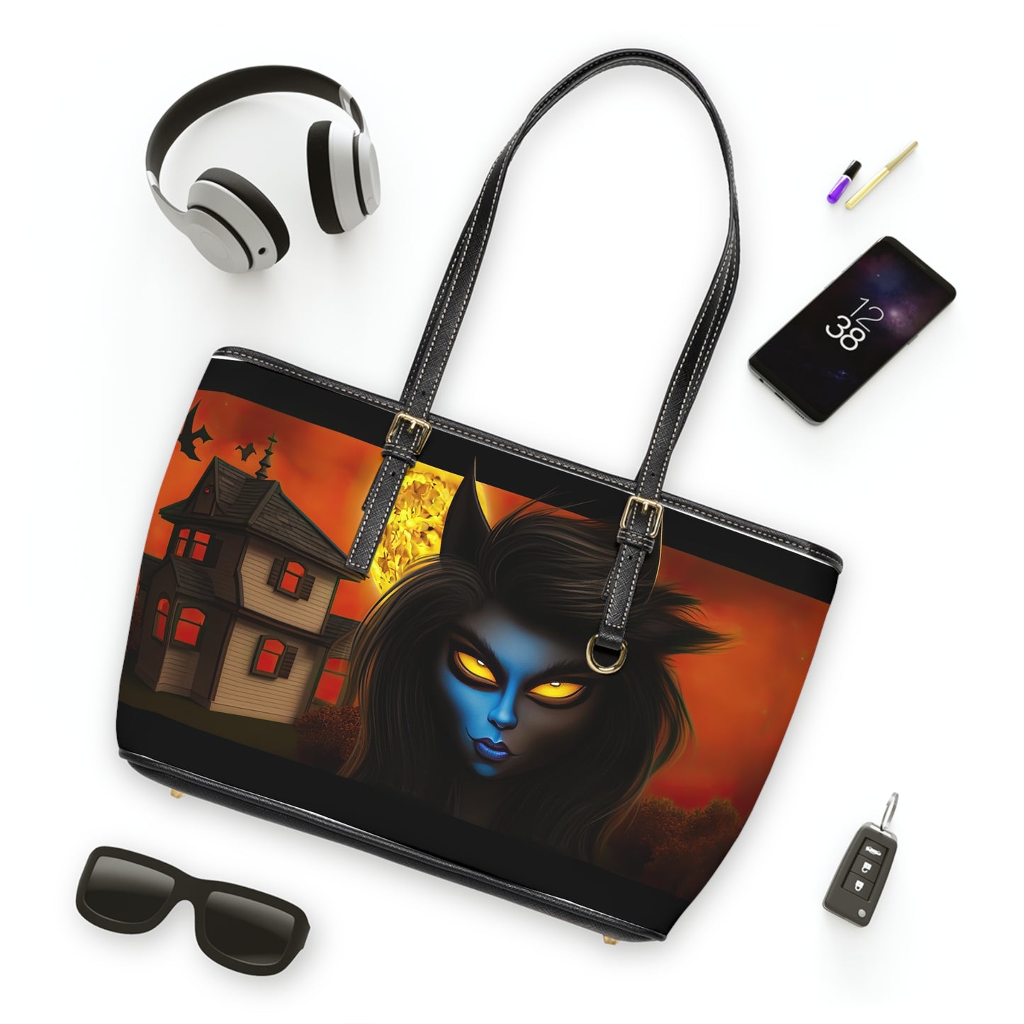 Gothic Chic With Pointy Horns, Breathtaking Moon and Background, PU Leather Shoulder Bag