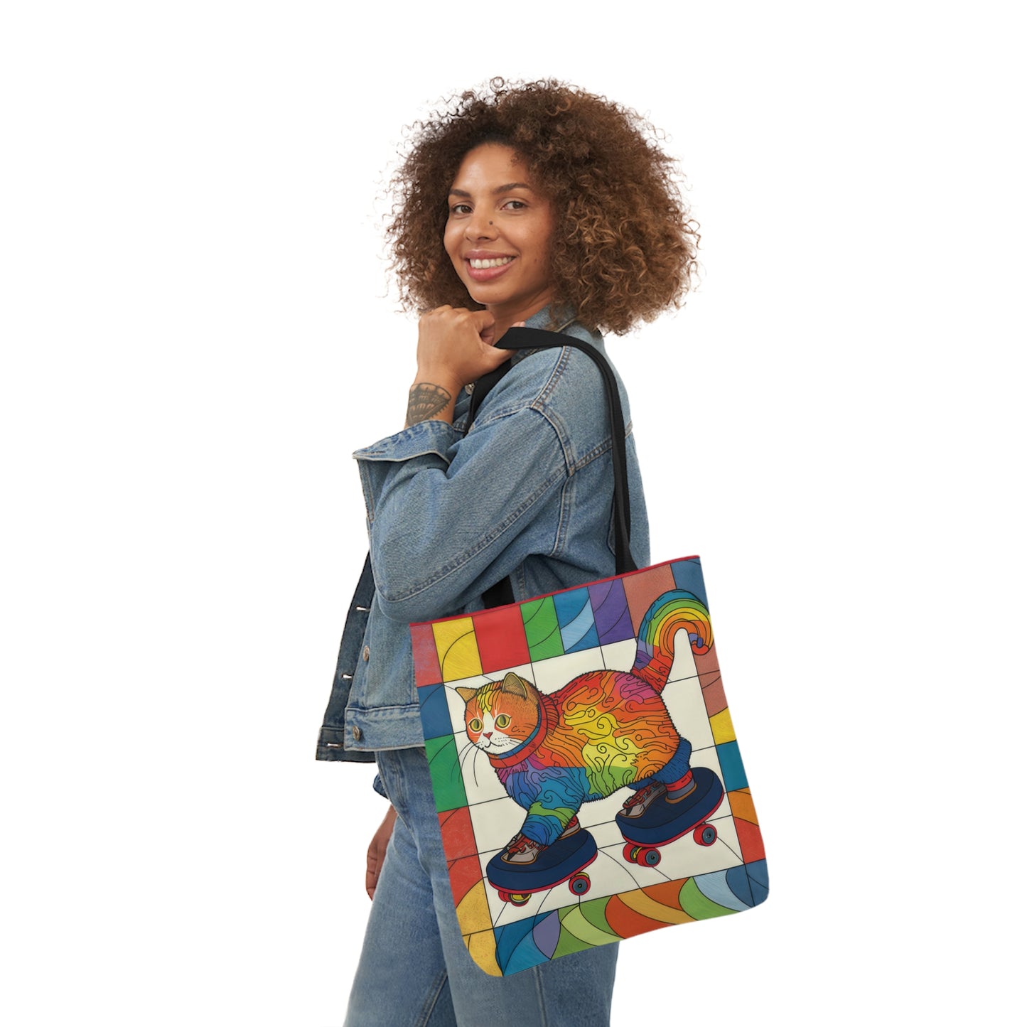 Gorgeous Rainbow Cat Riding A Skate/Skateboard With Rainbow Border Polyester Canvas Tote Bag (AOP)