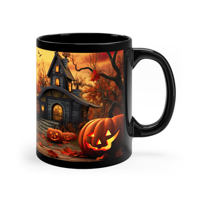 Witch Cat With Breathtaking Fall Time Schoolhouse/Church With Smile Carved Halloween Pumpkins 11oz Black Mug