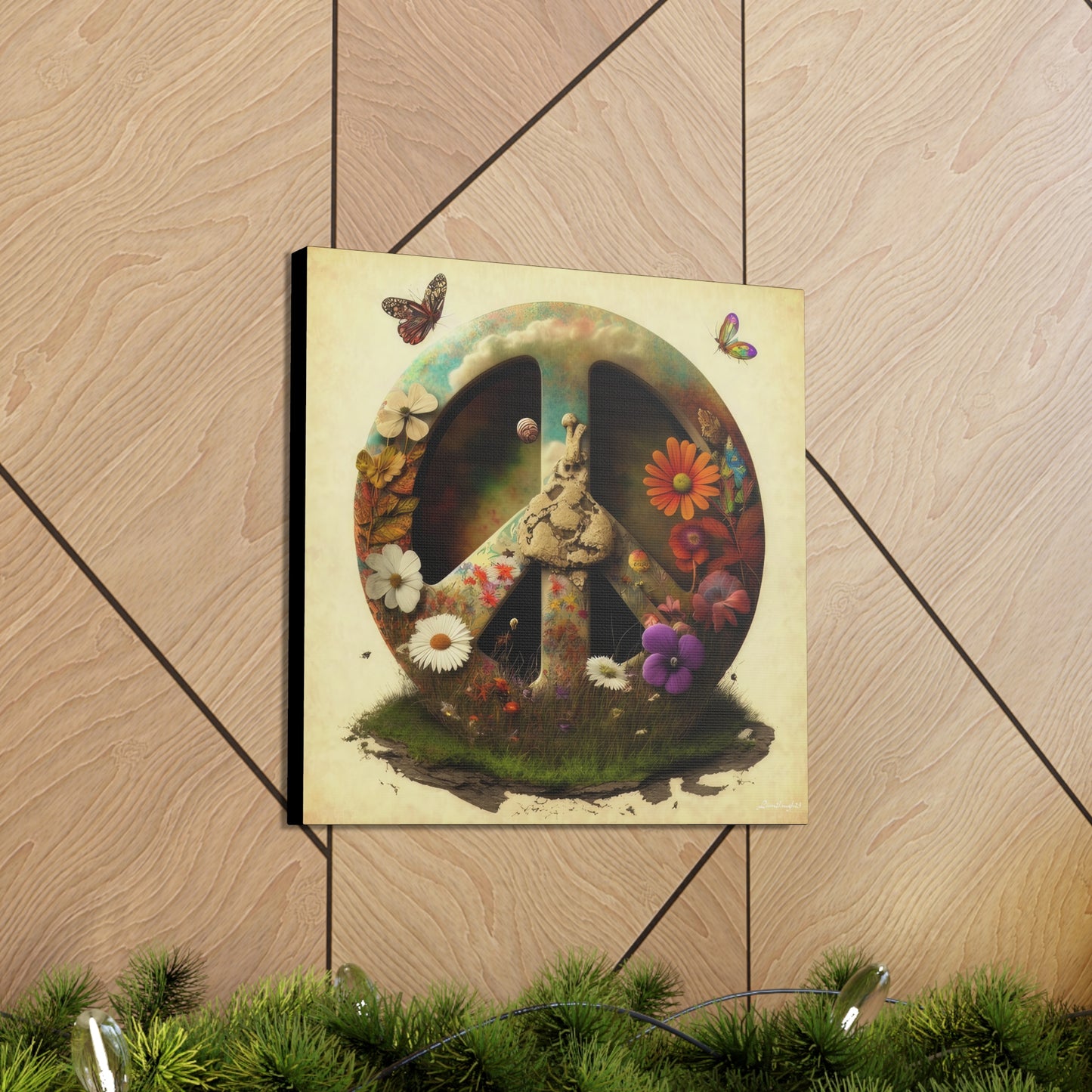 Elegant Peace Sign With Beautiful Flowers And Butterflies , Beige Background Canvas Gallery Wraps