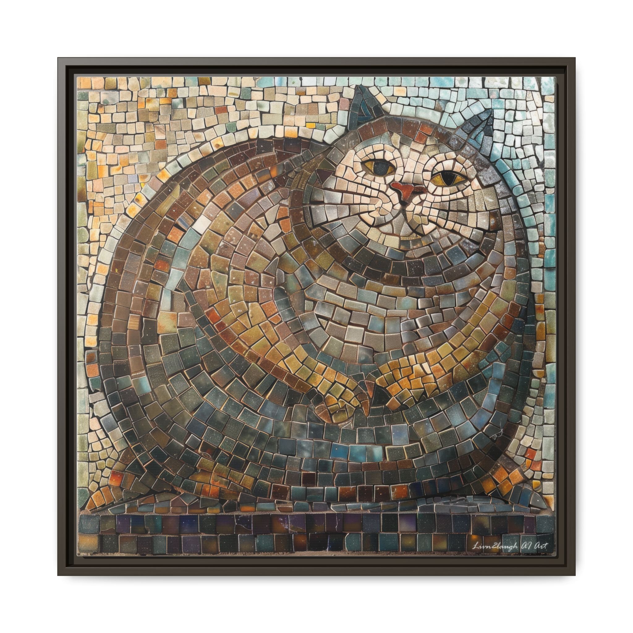 "Serene Mosaic Cat", Framed Mosaic Cat Art Print — Colorful Modern Wall Canvas