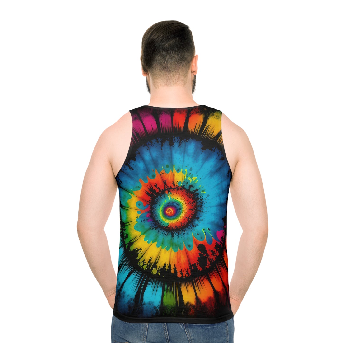 Bold And Beautiful Tie Dye Cat In Front , Beautiful Tie Dye Back Unisex Tank Top (AOP)