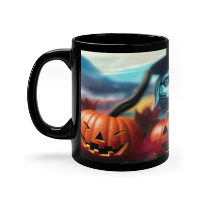 Fall Time White Cat With Black Hat, Fall Leaves And Halloween Pumpkins 11oz Black Mug