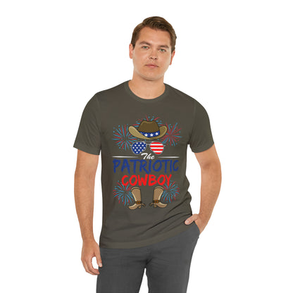 Patriotic Cowboy, American Flag 'Glasses, Cowboy Hat and Boots, Fourth of July 4th Unisex Jersey Short Sleeve Tee