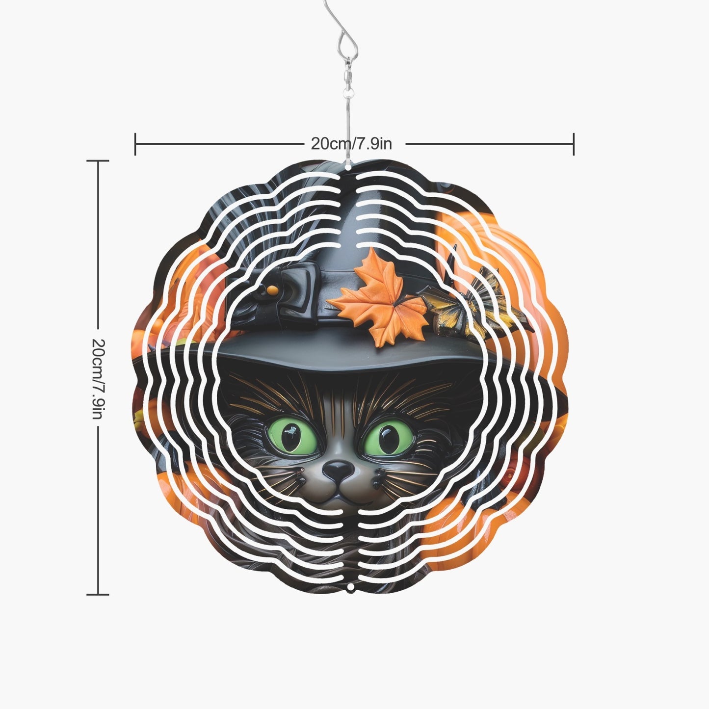 Green Eyed  Halloween Black Cat With Pumpkins Wind Spinner