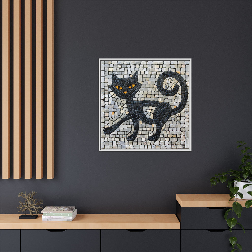 "Curious Black Cat Mosaic", Framed Mosaic Cat Art Print — Colorful Modern Wall Canvas