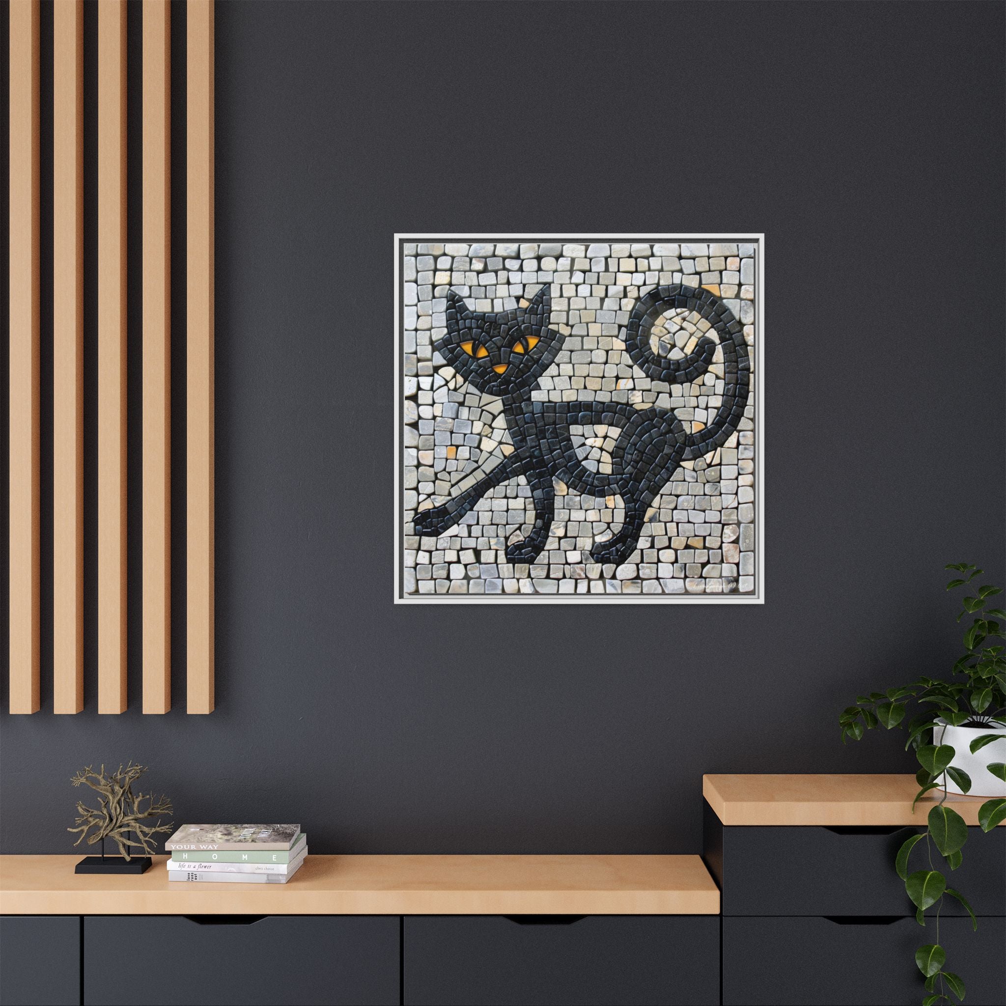 "Curious Black Cat Mosaic", Framed Mosaic Cat Art Print — Colorful Modern Wall Canvas