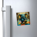 Cute Blue Elephant Kicking Foot On Colorful Checkered Floor Magnets