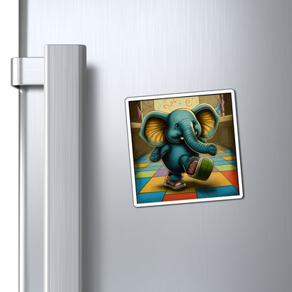 Cute Blue Elephant Kicking Foot On Colorful Checkered Floor Magnets
