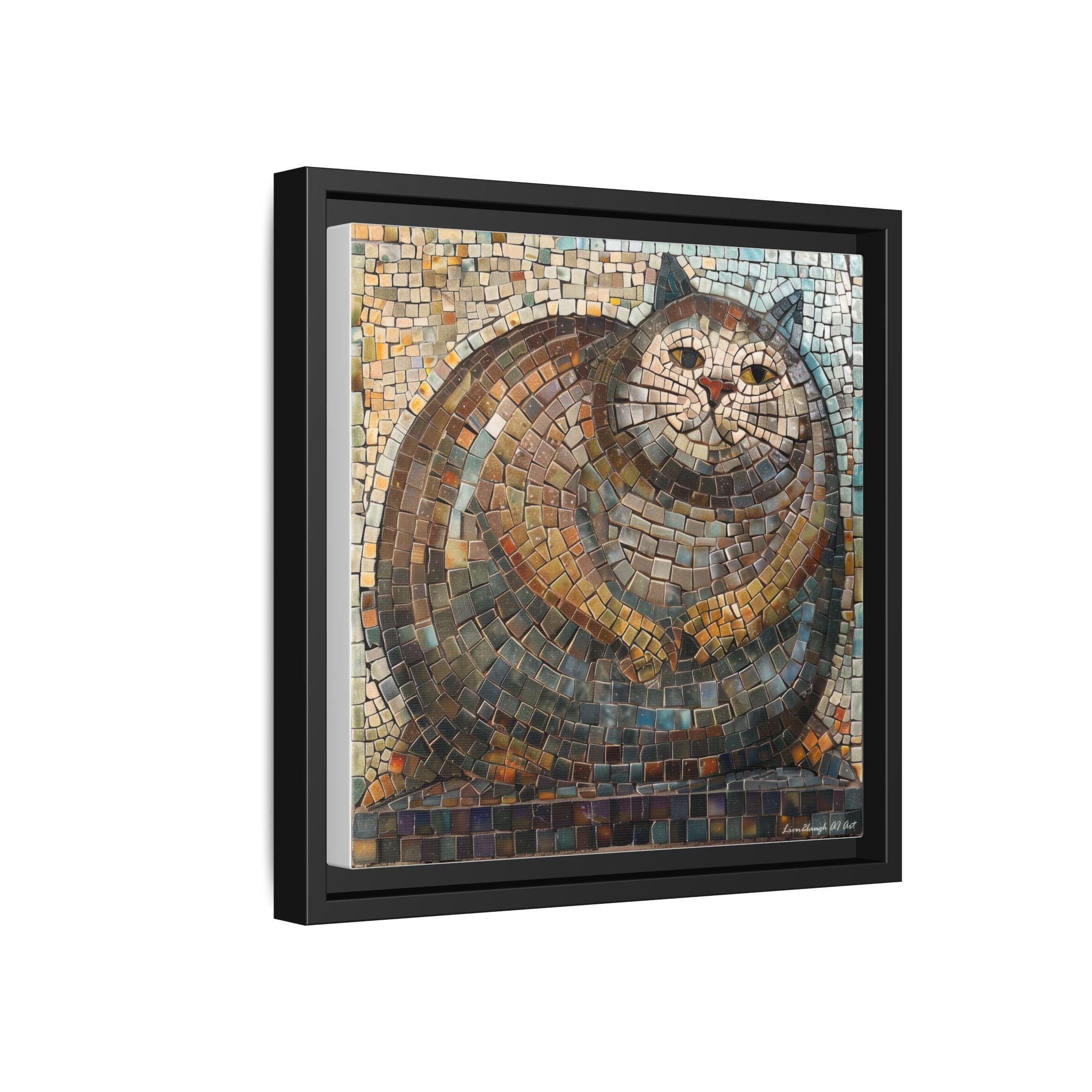 "Serene Mosaic Cat", Framed Mosaic Cat Art Print — Colorful Modern Wall Canvas