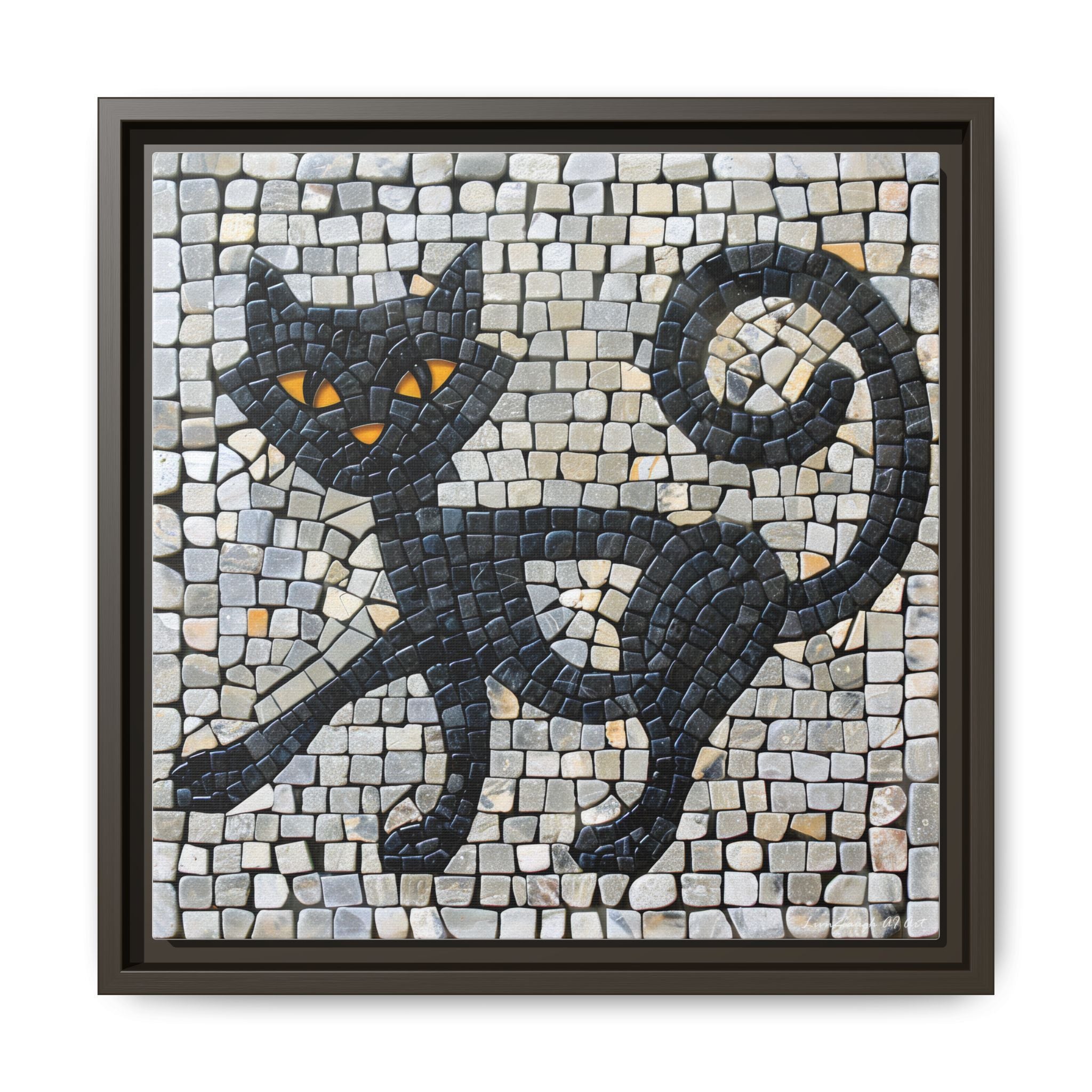 "Curious Black Cat Mosaic", Framed Mosaic Cat Art Print — Colorful Modern Wall Canvas