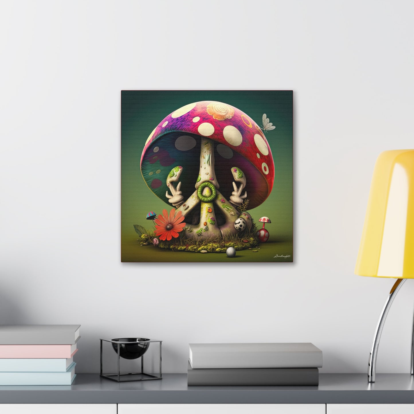 Beautiful Forest Half Peace Sign , Red And White Polka dot Mushrooms Red Flower Canvas Gallery Wraps