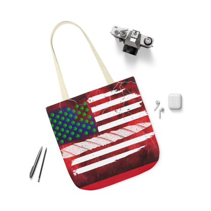 Flag Red, White And Blue Beautiful Red Background With Marijuana Pot Weed 420 Leaf Polyester Canvas Tote Bag (AOP)