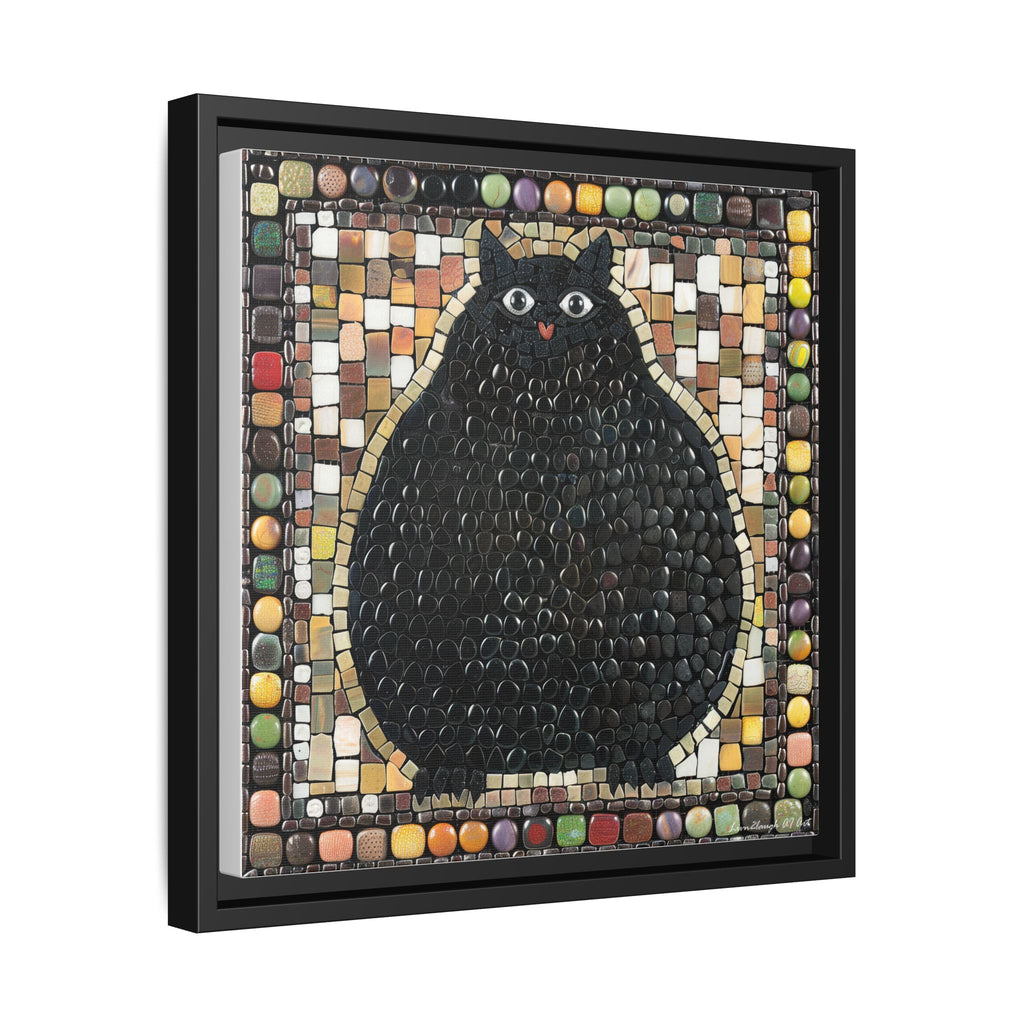 "Playful Black Cat Mosaic", Framed Mosaic Cat Art Print — Colorful Modern Wall Canvas