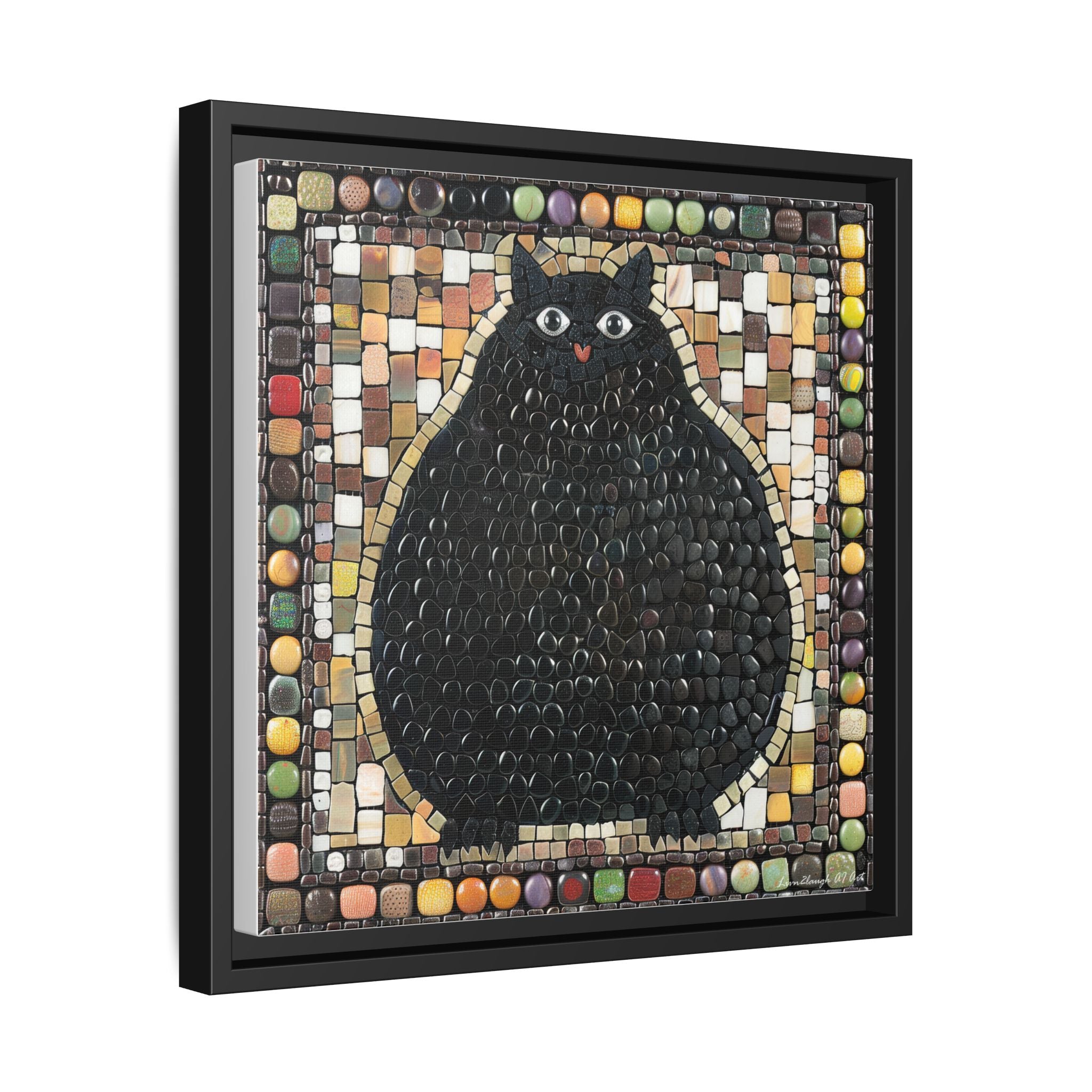 "Playful Black Cat Mosaic", Framed Mosaic Cat Art Print — Colorful Modern Wall Canvas