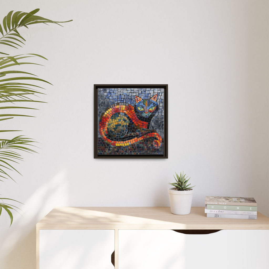 Mystic Shadows: The Enigmatic Cat, Framed Mosaic Cat Art Print — Colorful Modern Wall Canvas