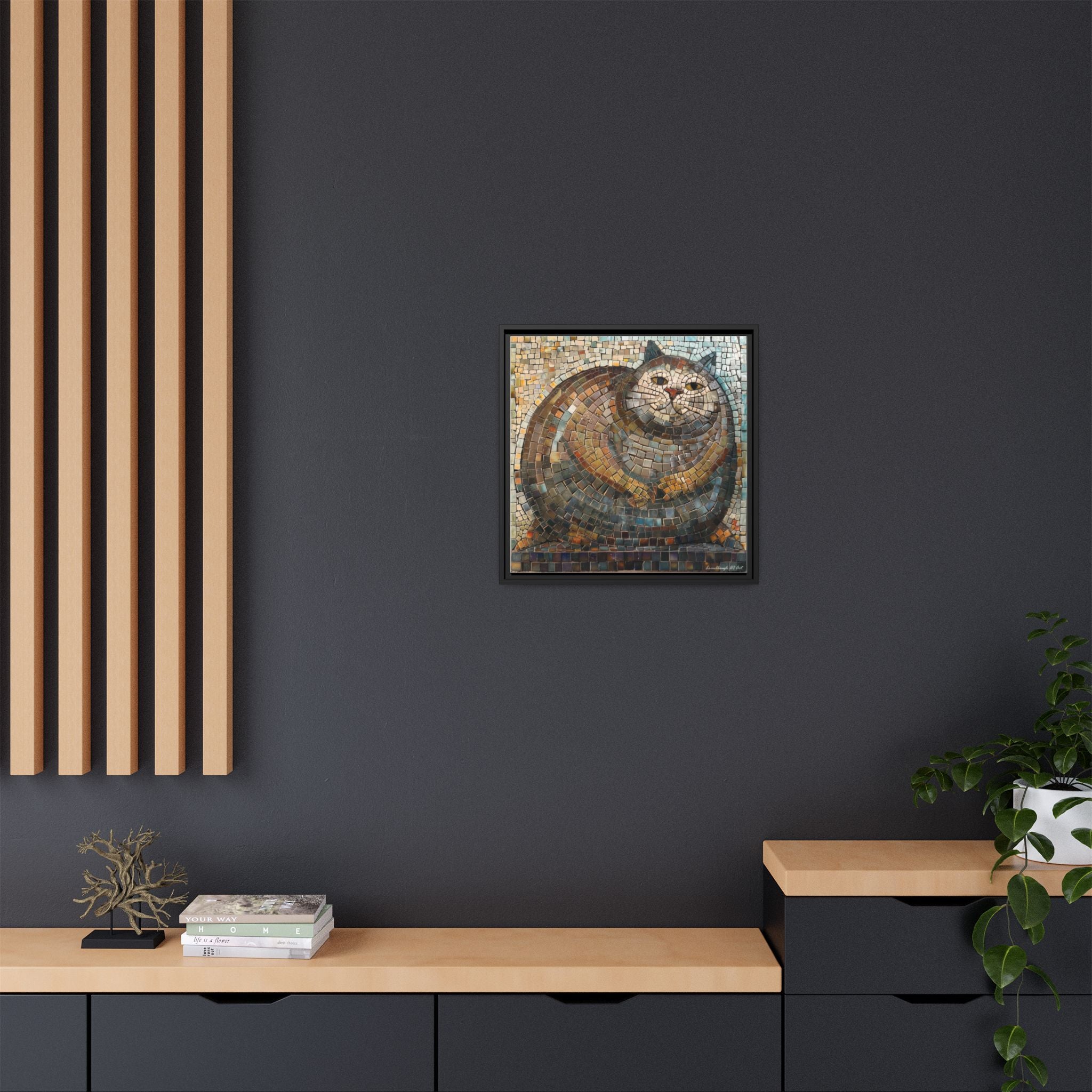 "Serene Mosaic Cat", Framed Mosaic Cat Art Print — Colorful Modern Wall Canvas