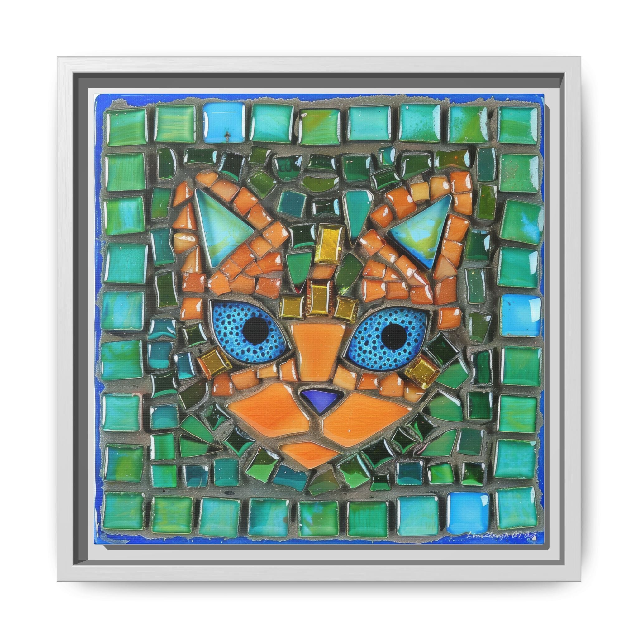 "Emerald Eyes Mosaic Cat", Framed Mosaic Cat Art Print — Colorful Modern Wall Canvas