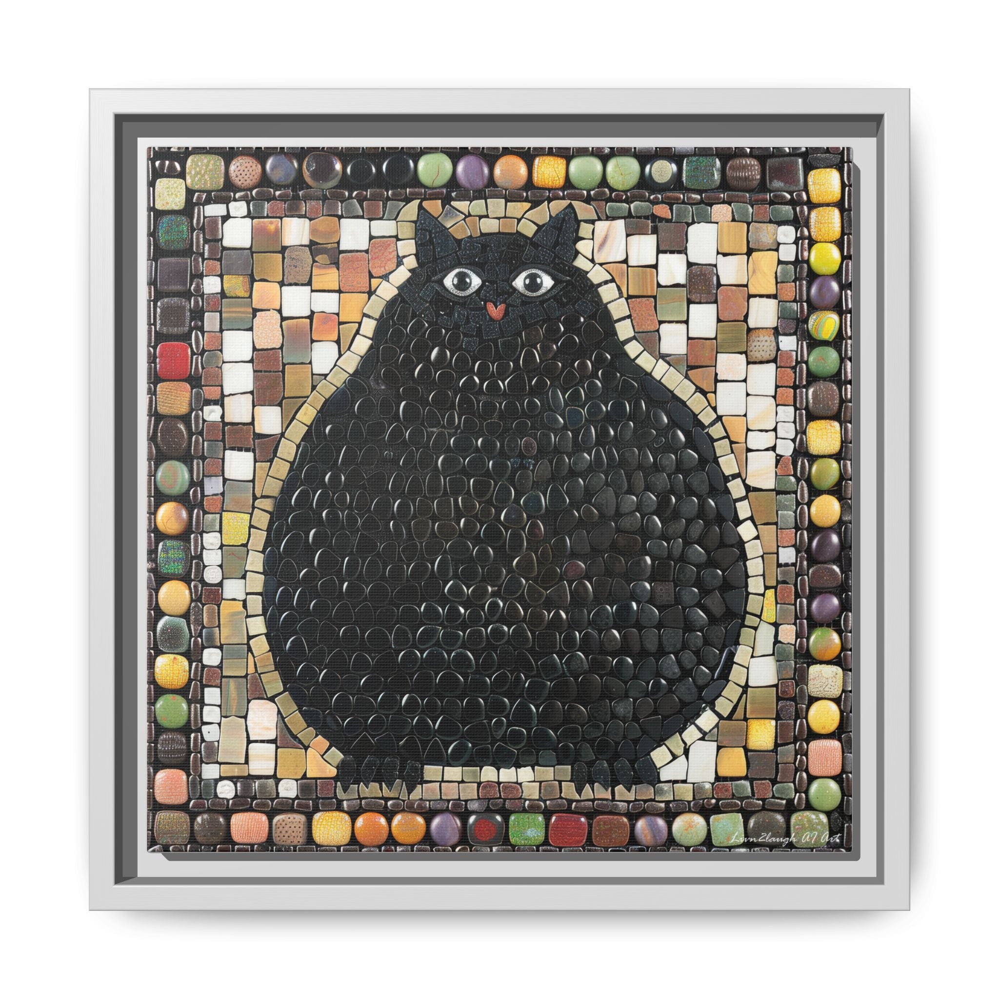 "Playful Black Cat Mosaic", Framed Mosaic Cat Art Print — Colorful Modern Wall Canvas