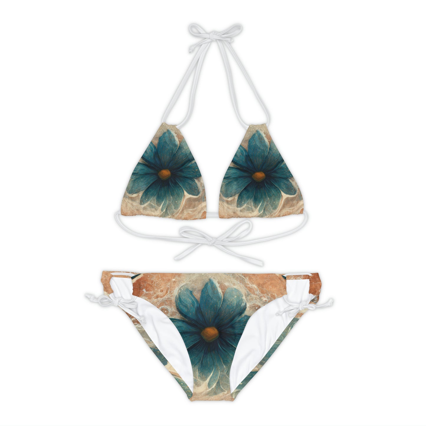 Bold And Beautiful White, Grey And Blue Floral Style 2 Strappy Bikini Set (AOP)