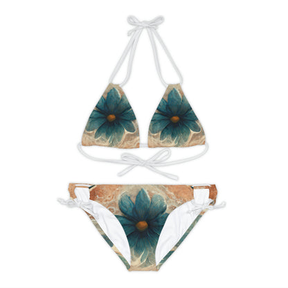 Bold And Beautiful White, Grey And Blue Floral Style 2 Strappy Bikini Set (AOP)