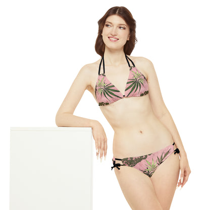 Grey Lace Gorgeous Pink Designed Marijuana 420 Weed Strappy Bikini Set (AOP)