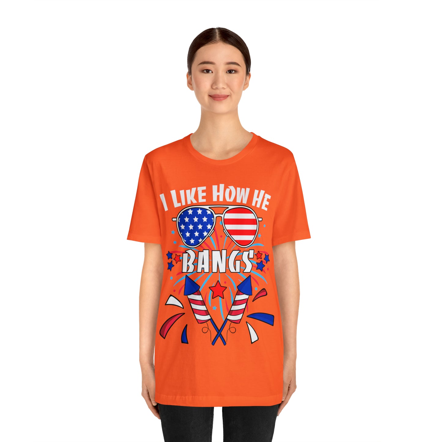 I Like How He Bangs American Flag, Fourth Of July 4th , American Flag Glasses Unisex Jersey Short Sleeve Tee