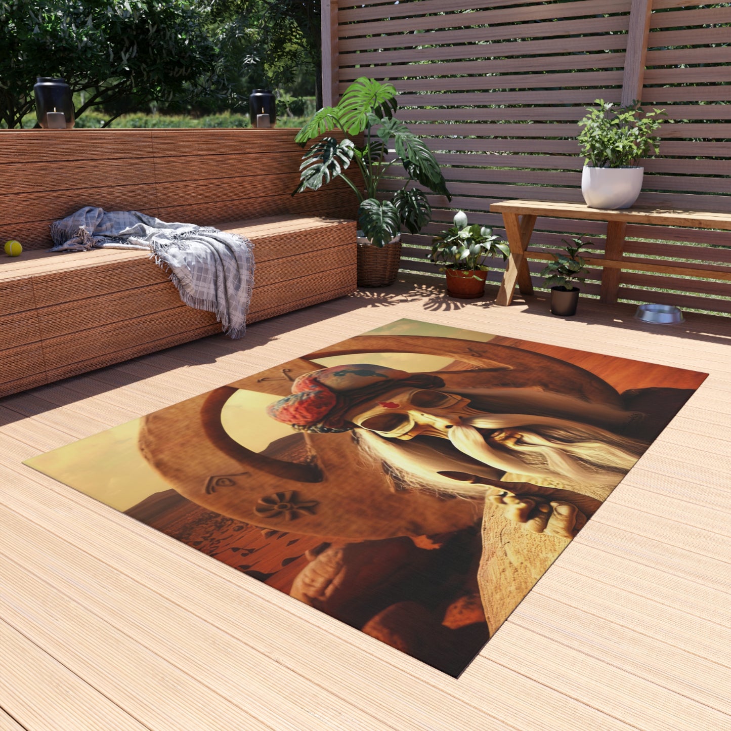 Wise Man In Dessert With Beard And Peace Sign Outdoor Rug