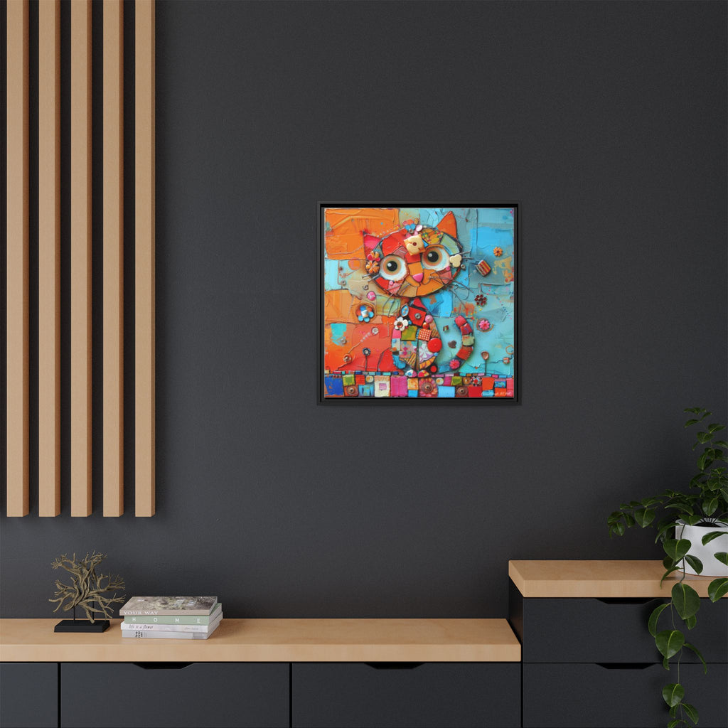 "Whimsical Mosaic Cat", Framed Mosaic Cat Art Print — Colorful Modern Wall Canvas
