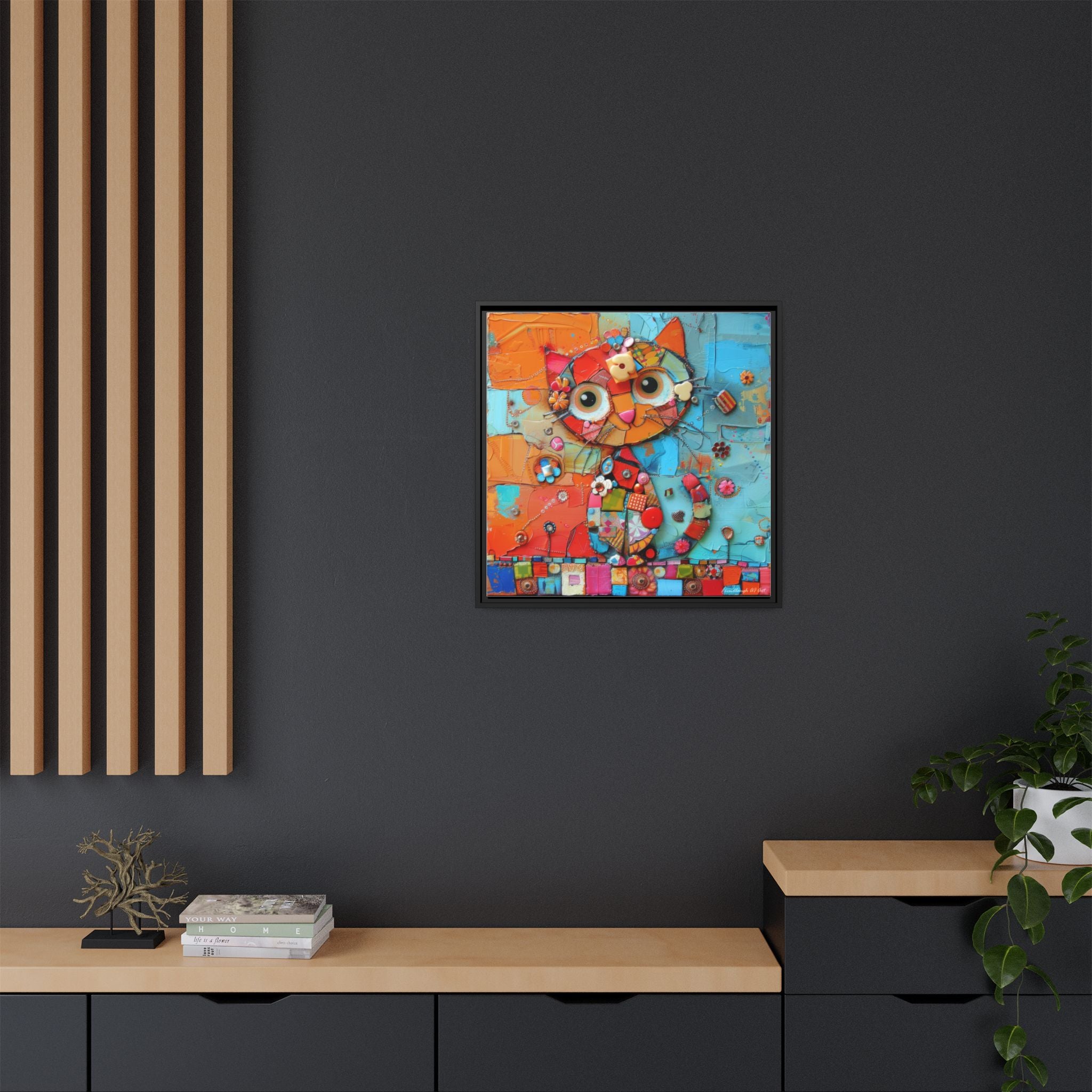 "Whimsical Mosaic Cat", Framed Mosaic Cat Art Print — Colorful Modern Wall Canvas