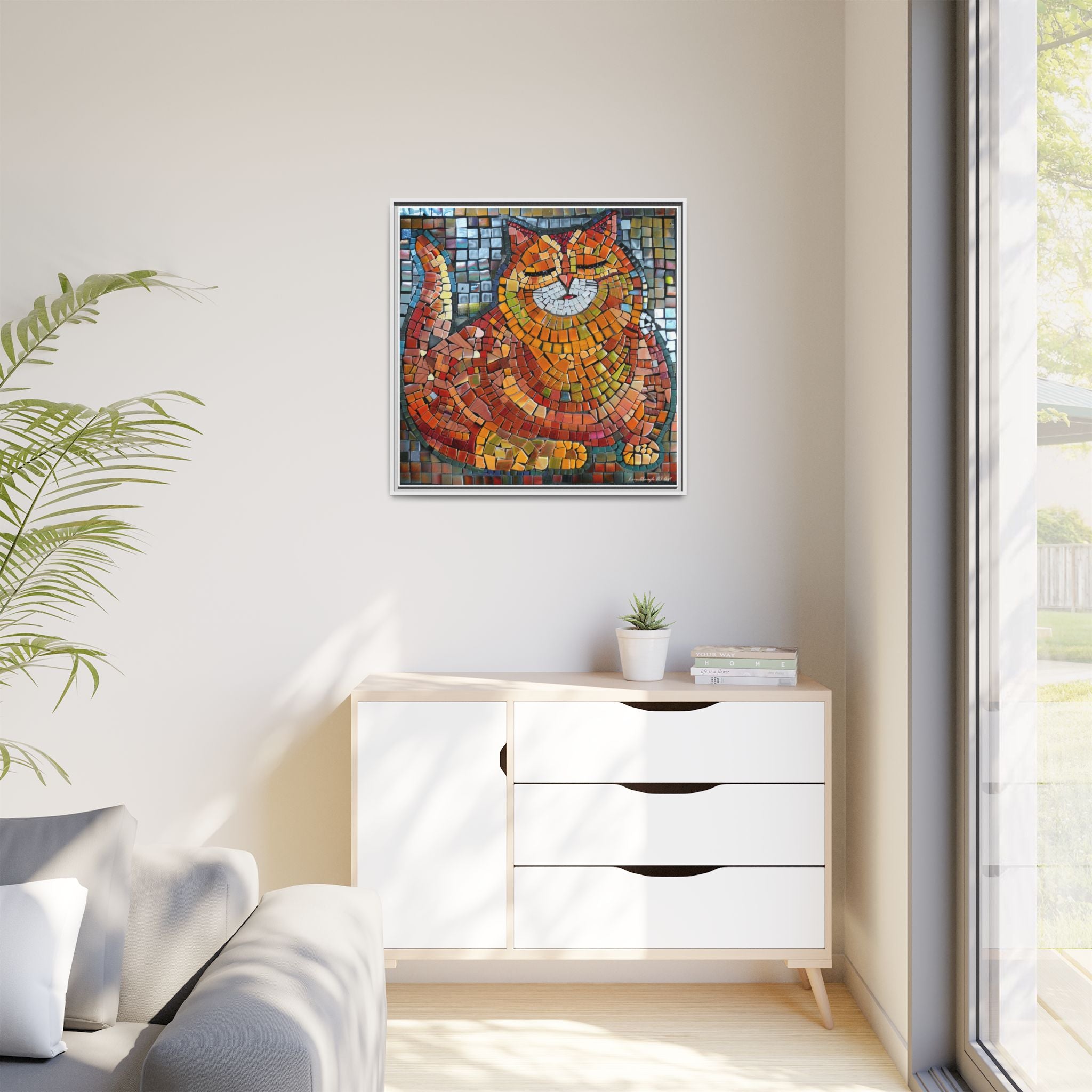 Radiant Whiskers: The Joyful Cat, Framed Mosaic Cat Art Print — Colorful Modern Wall Canvas