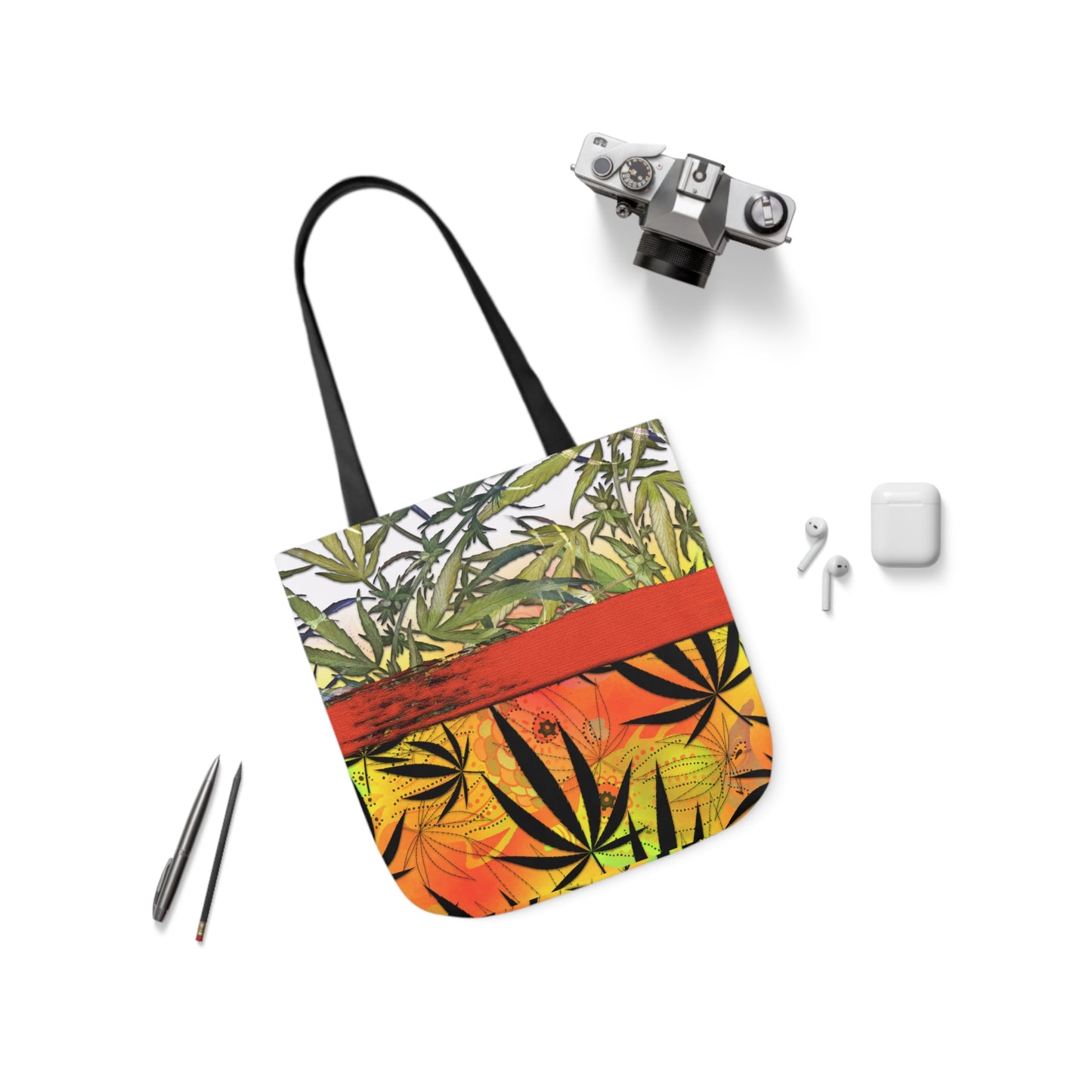 Beautiful Redish Orange Banded Marijuana 420 Pot Weed Leaf Polyester Canvas Tote Bag (AOP)