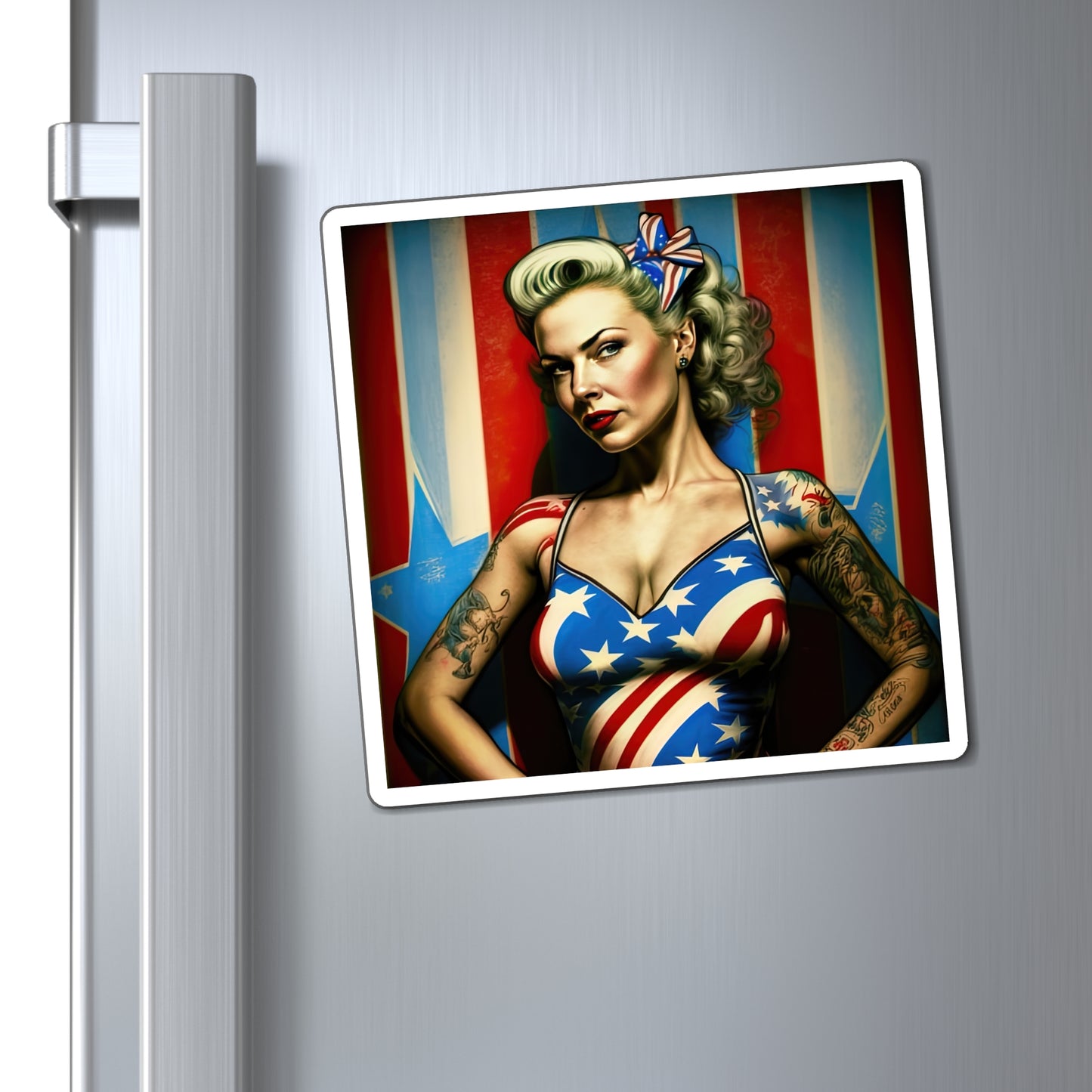 Retro Tattooed Pinup Blue, Red And White Star Magnet Style Six
