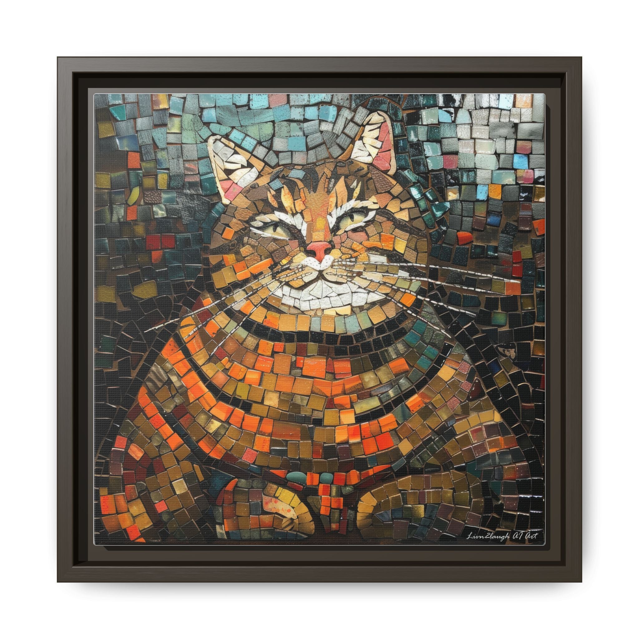 Mosaic Majesty: The Regal Cat, Framed Mosaic Cat Art Print — Colorful Modern Wall Canvas