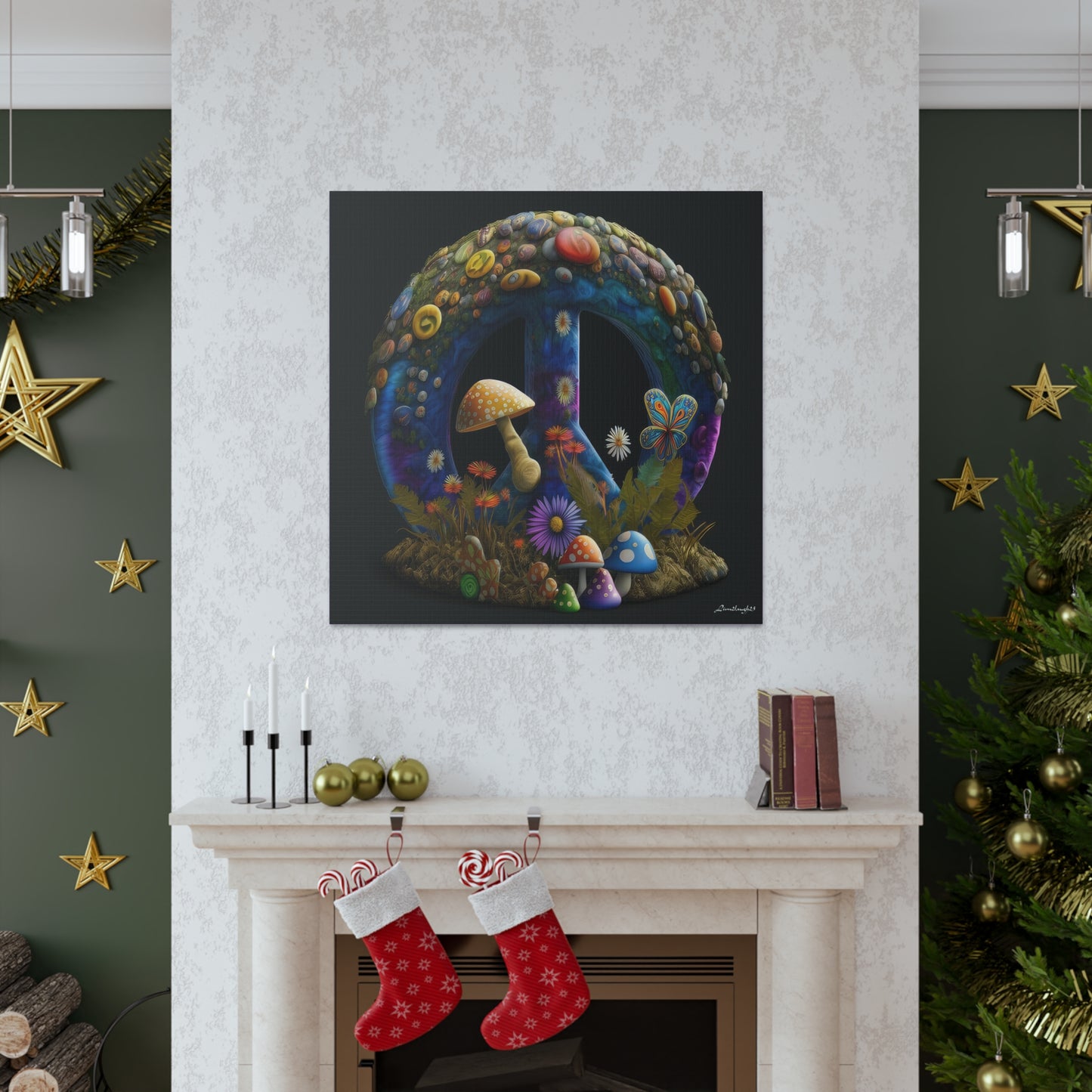 Beautiful Forest Round Peace Sign Mushrooms  Flowers And Butterfly 11 Canvas Gallery Wraps