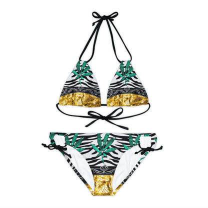 Gold And Zebra White And Black Marijuana Pot Weed Leaf 420 Weed Pot Marijuana Leaf Strappy Bikini Set (AOP)