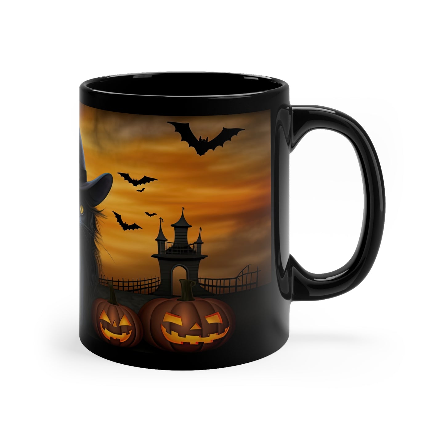 Gothic Witch Hat Cat With Halloween Glowing Orange Sky And Pumpkins 11oz Black Mug